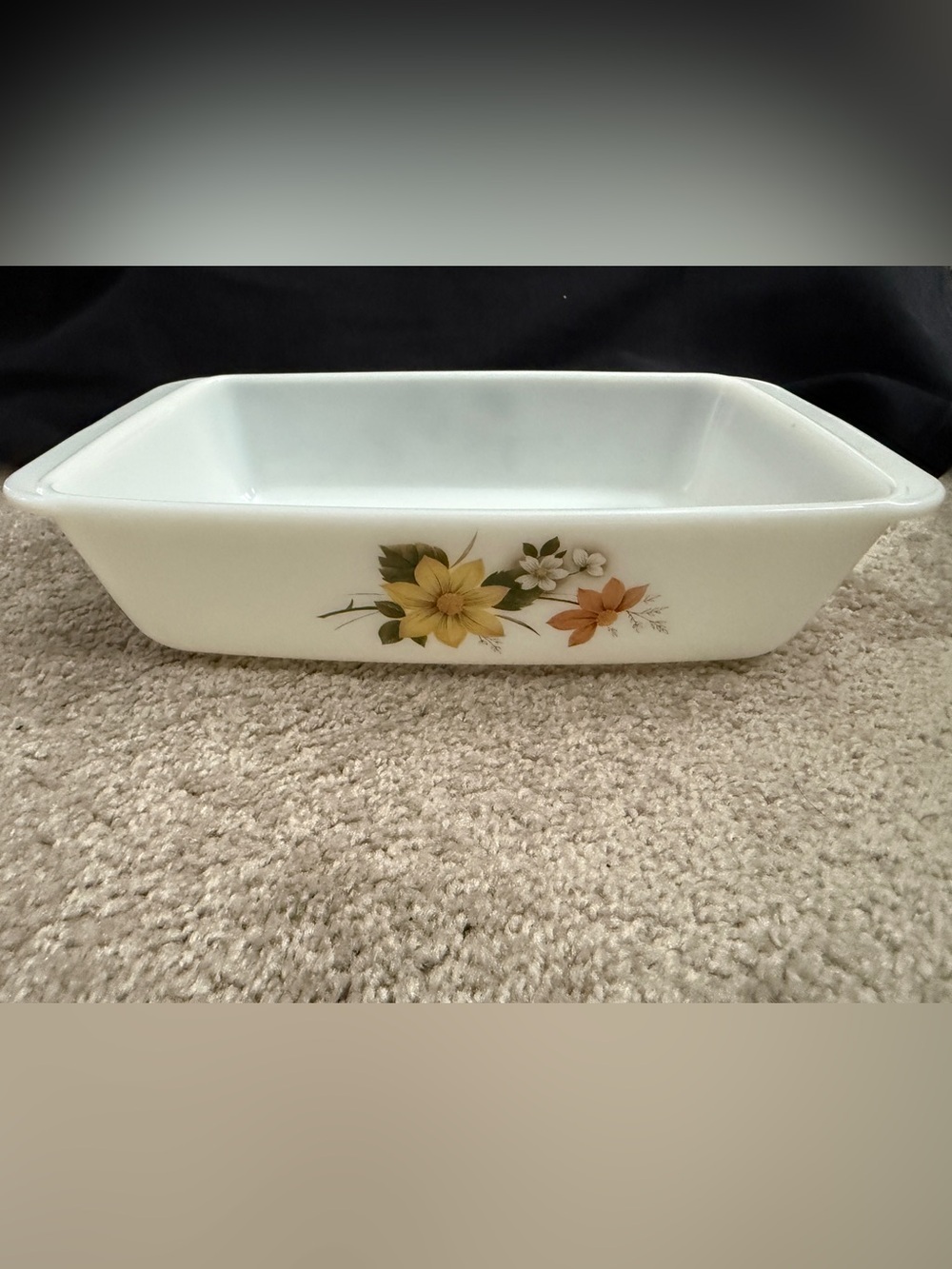 Vintage Pyrex Autumn Glory Casserole Dish with Yellow and Orange Floral Pattern